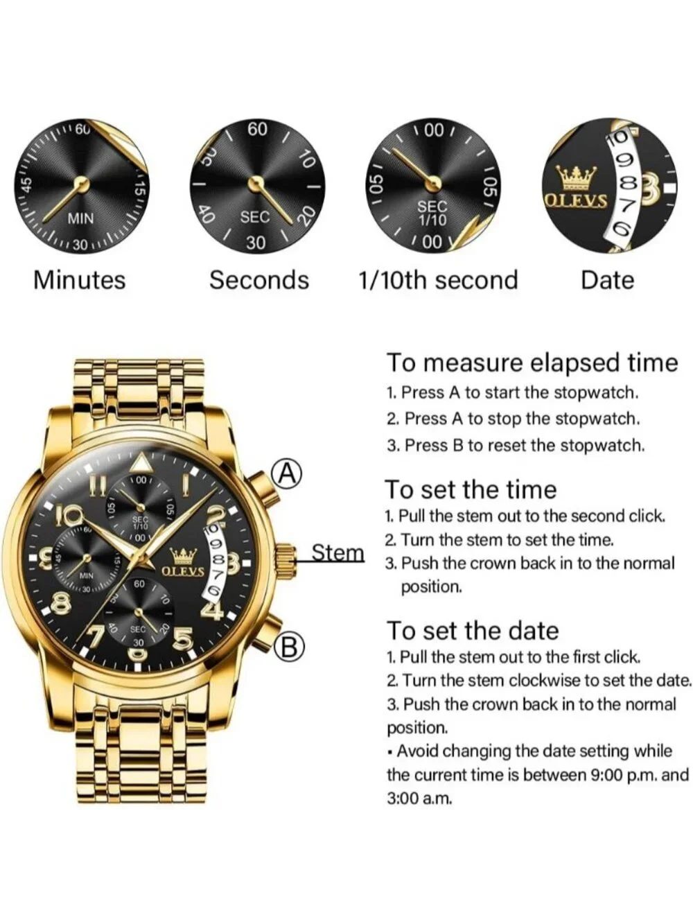Men's Black Face/Gold Band Stainless Steel Chronograph Waterproof Dress Watch